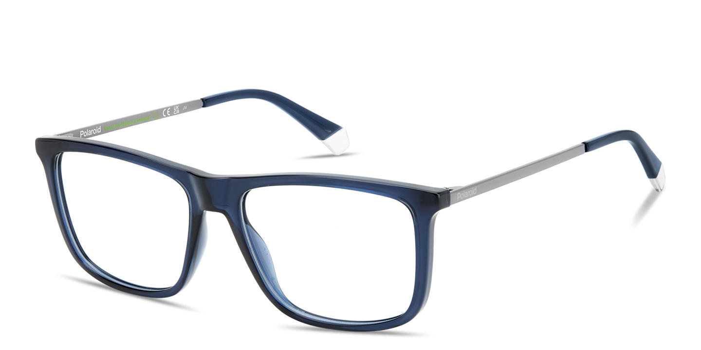 Shop Polaroid Engraved Logo Wide Rectangle Eyeglasses in Blue online.