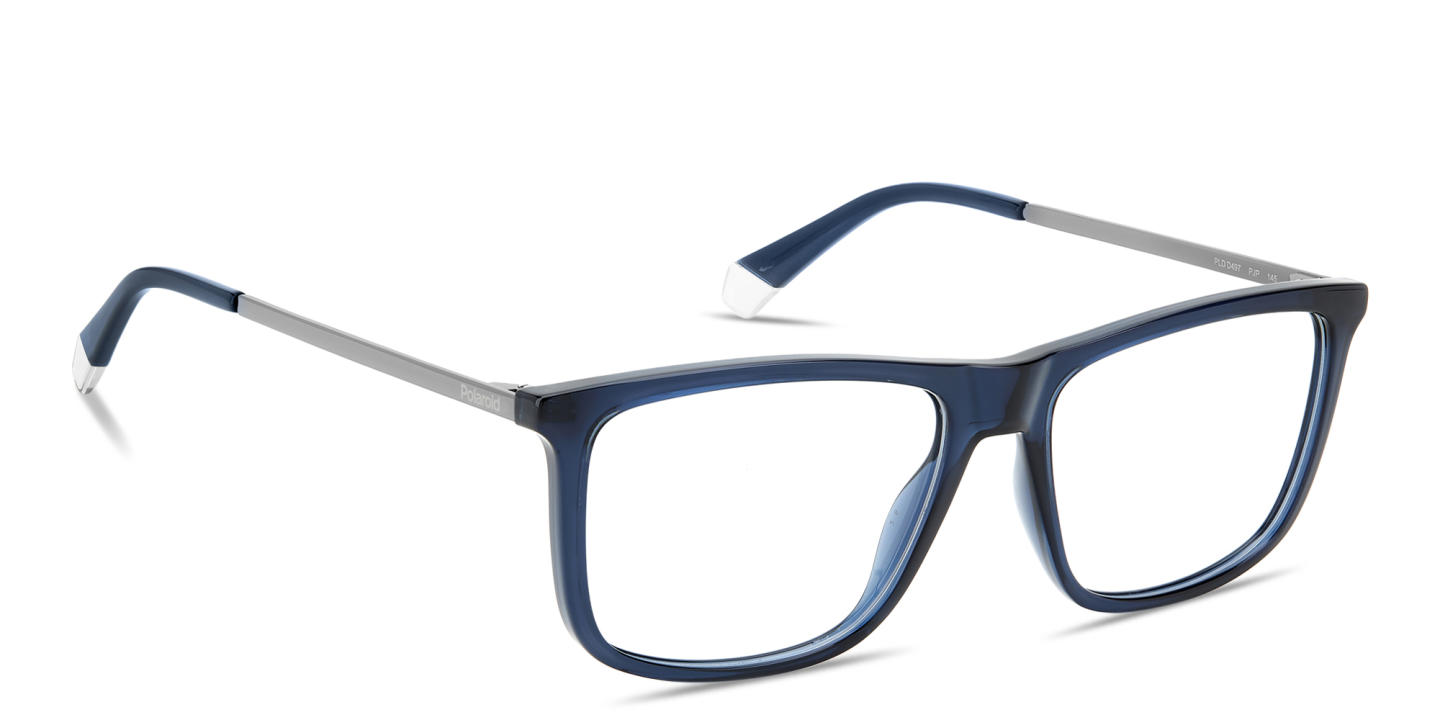 Shop Polaroid Engraved Logo Wide Rectangle Eyeglasses in Blue online.