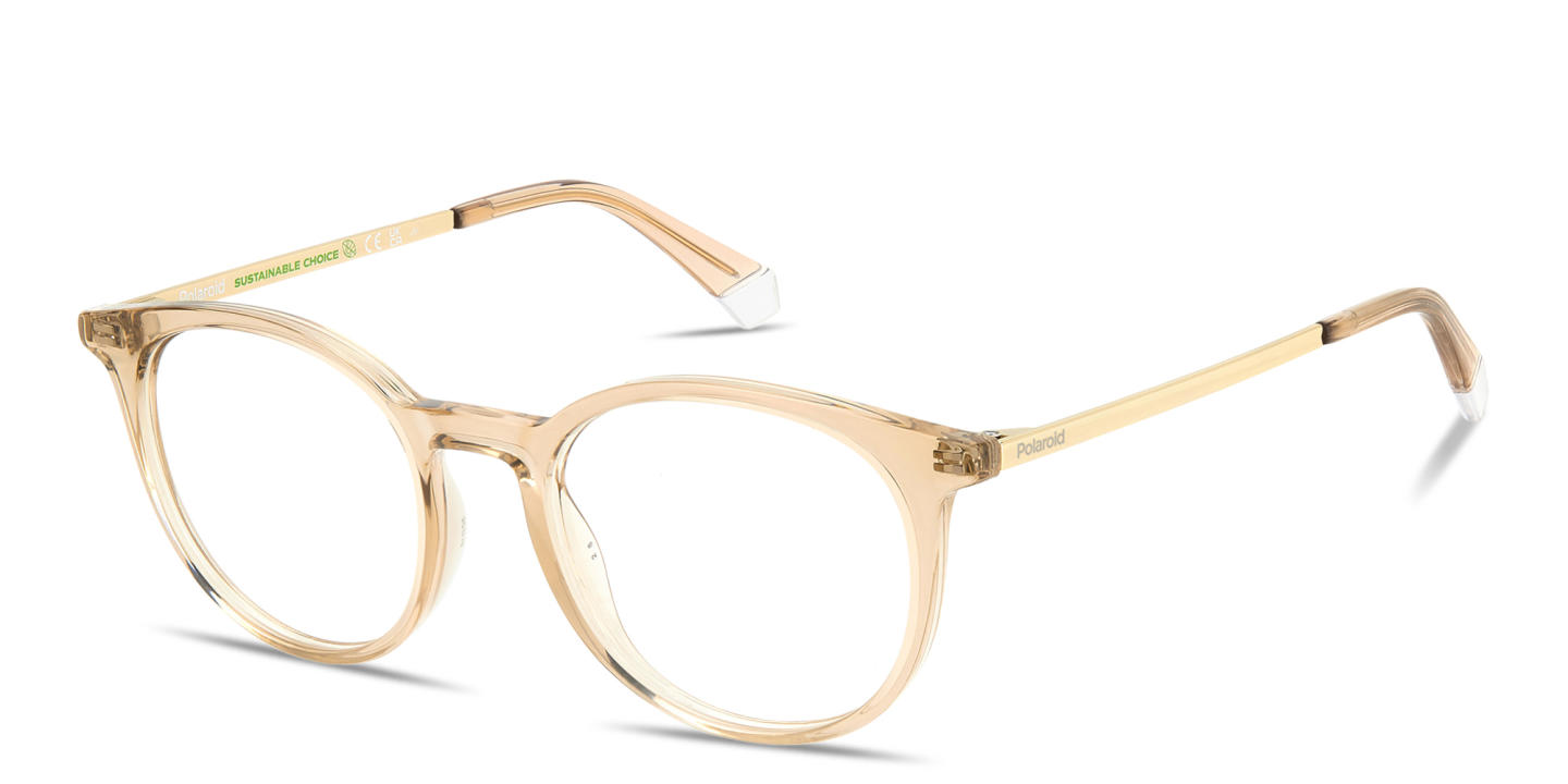 Shop Polaroid Engraved Logo Unisex Round Eyeglasses in Transparent Beige online.