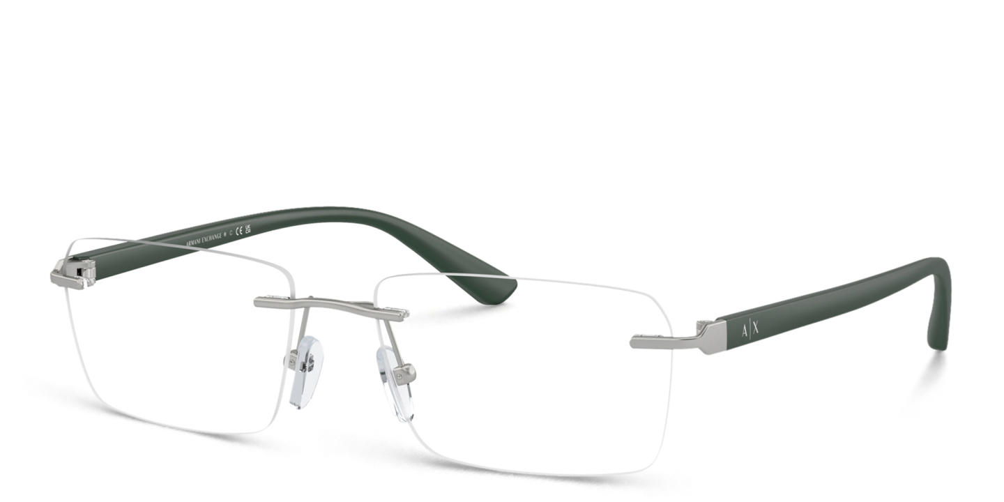 Armani Exchange A|X Logo Wide Rimless Rectangle Eyeglasses in Matte Silver – Product Photo 1