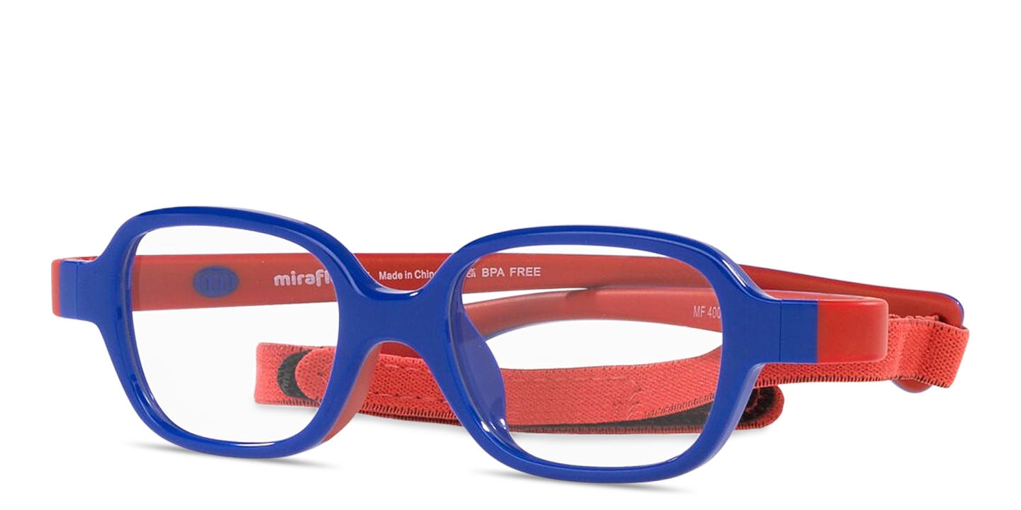 Shop Mira Flex Logo Kids Rectangle Eyeglasses in Shiny Blue & Red online.