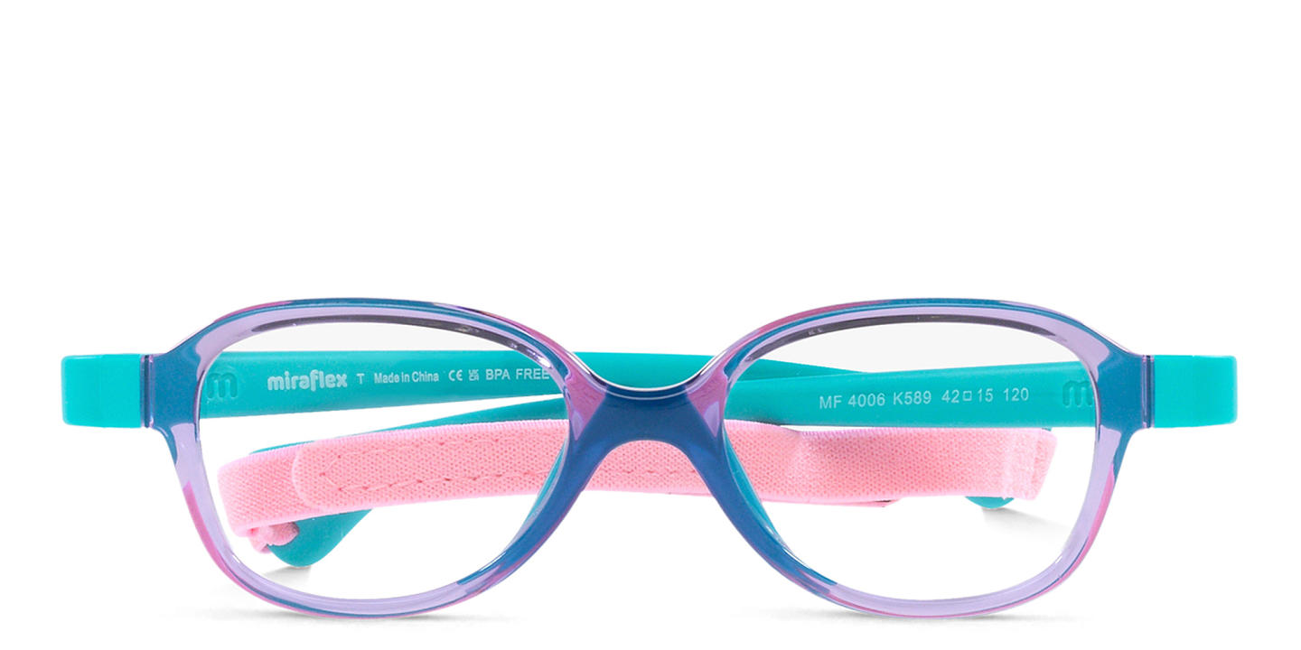 Shop Mira Flex Logo Kids Square Eyeglasses in Translucent Lilac Turquoise online.
