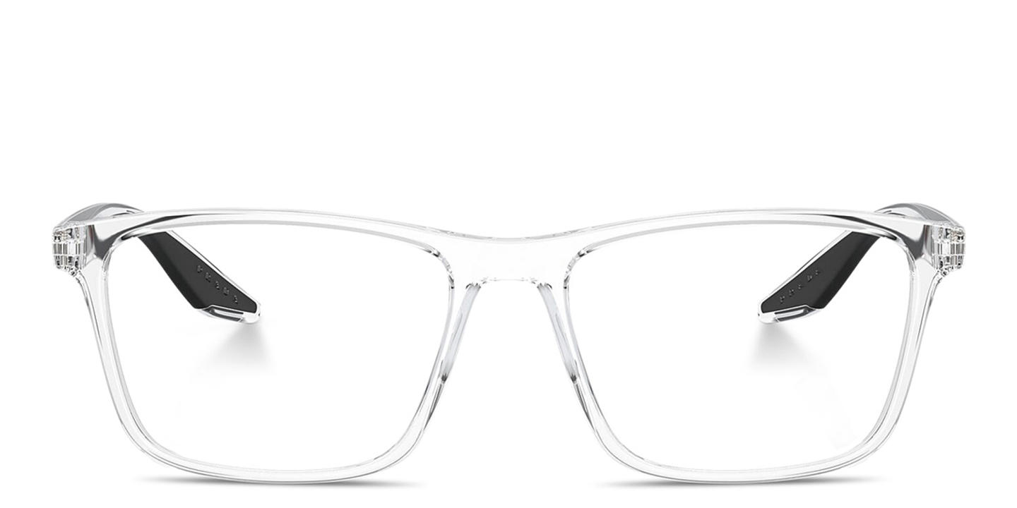 Shop Prada Linea Rossa Logo Lettering Wide Pillow Eyeglasses in Clear online.