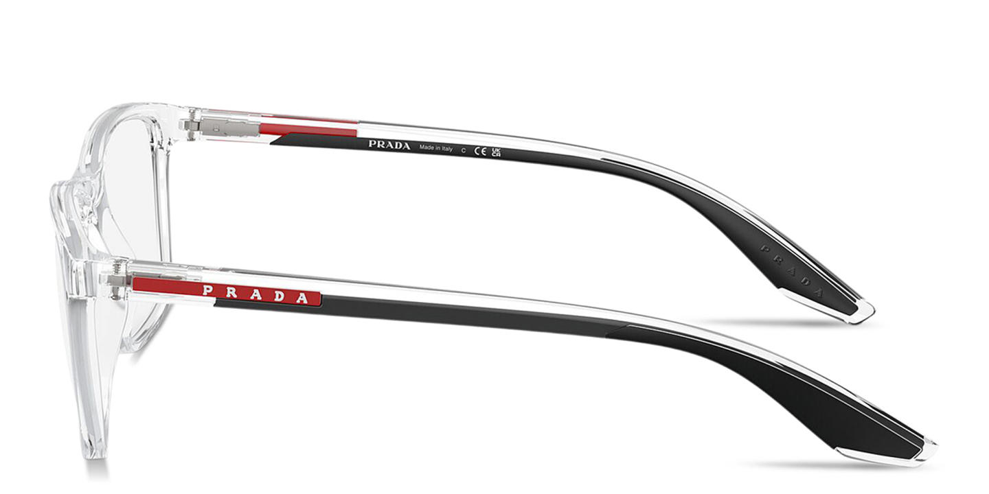 Shop Prada Linea Rossa Logo Lettering Wide Pillow Eyeglasses in Clear online.