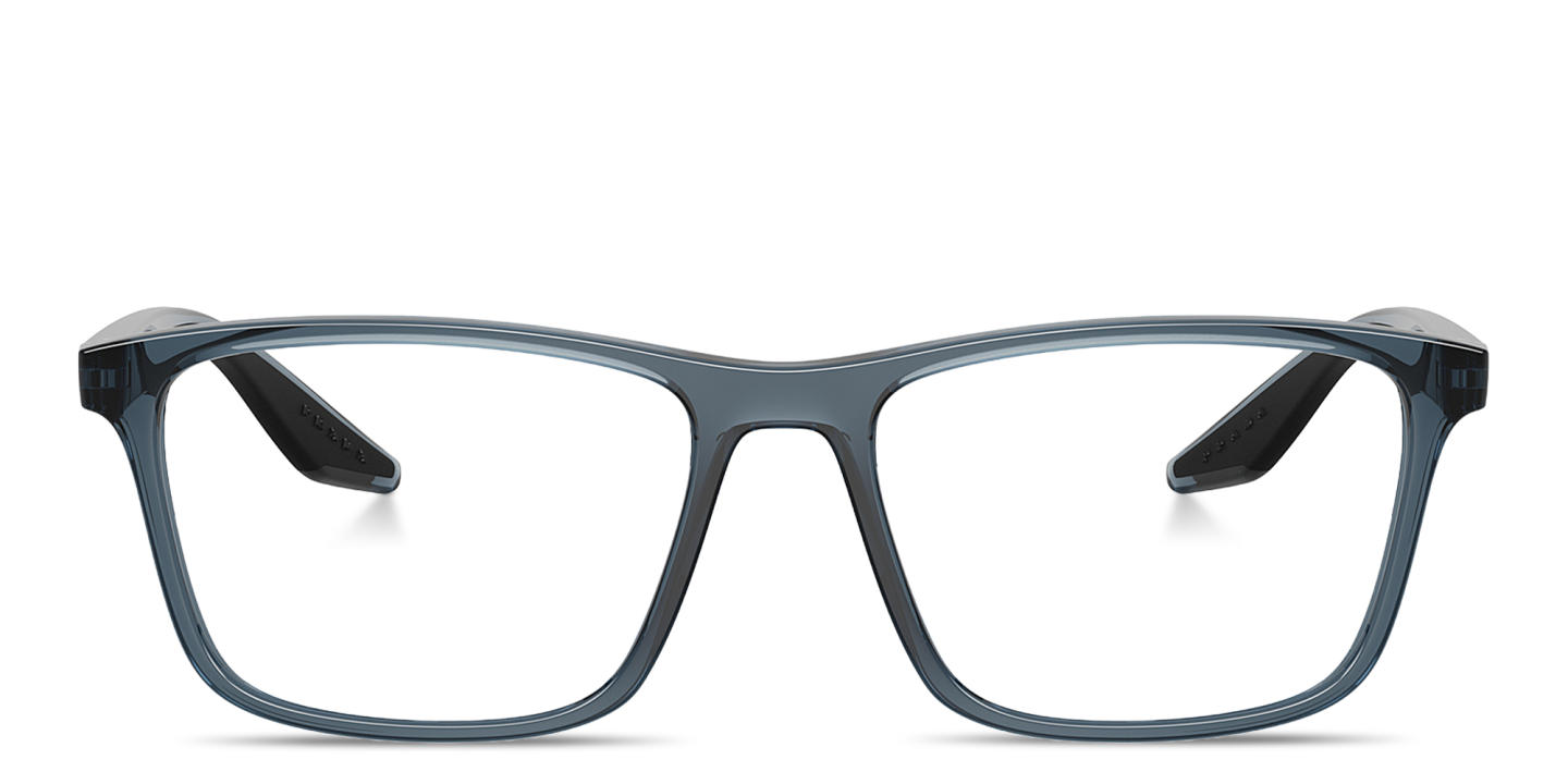 Shop Prada Linea Rossa Logo Signature Wide Pillow Eyeglasses in Transparent Blue online.