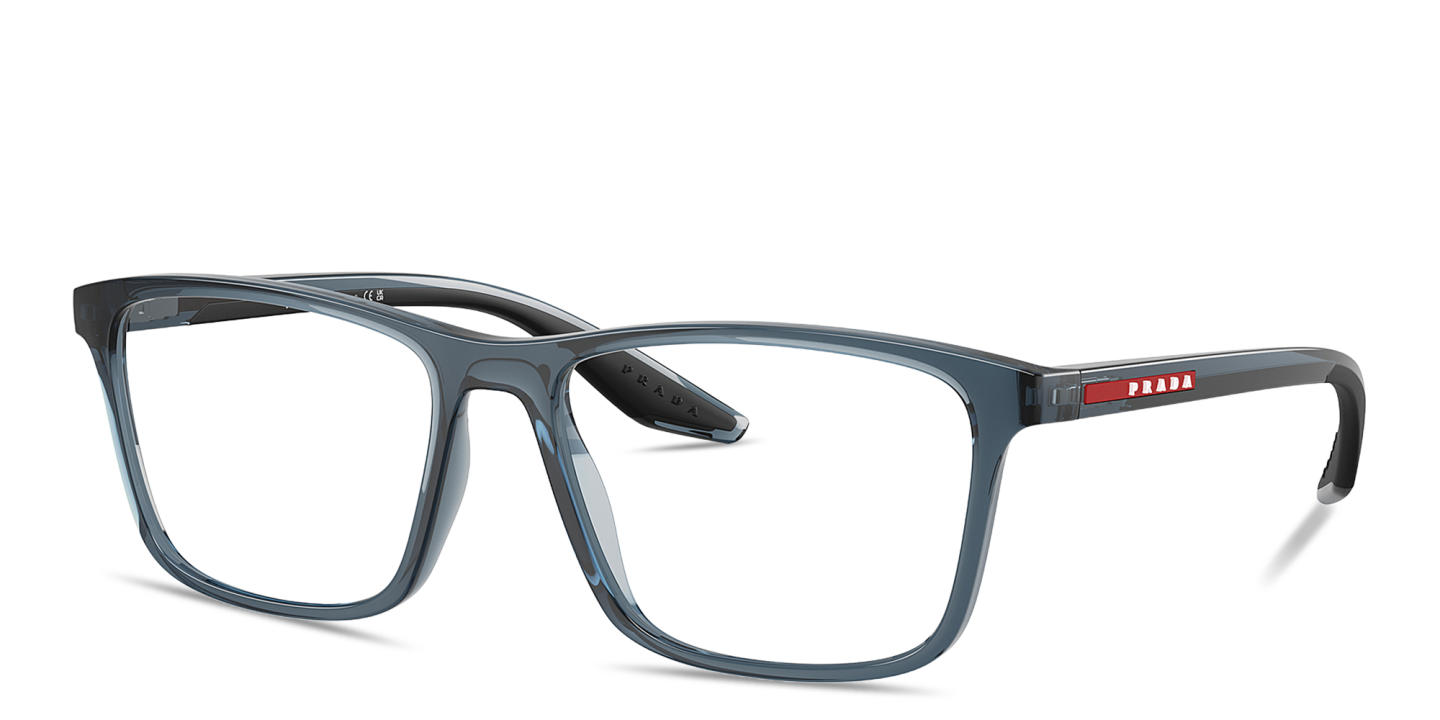 Shop Prada Linea Rossa Logo Signature Wide Pillow Eyeglasses in Transparent Blue online.