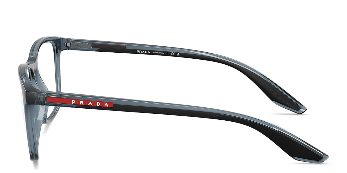 Shop Prada Linea Rossa Logo Signature Wide Pillow Eyeglasses in Transparent Blue online.