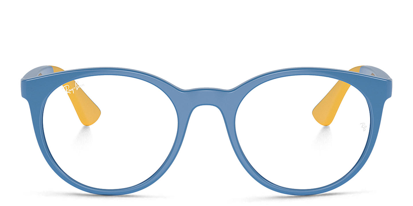 Shop Ray-Ban Junior Kids Panthos Eyeglasses in Light Blue On Yellow online.