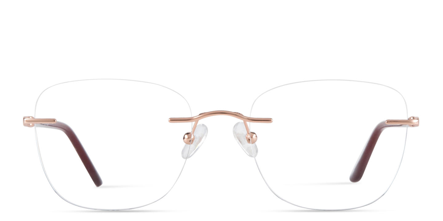 Shop TRICE Logo Rimless Square Eyeglasses in Rose Gold online.