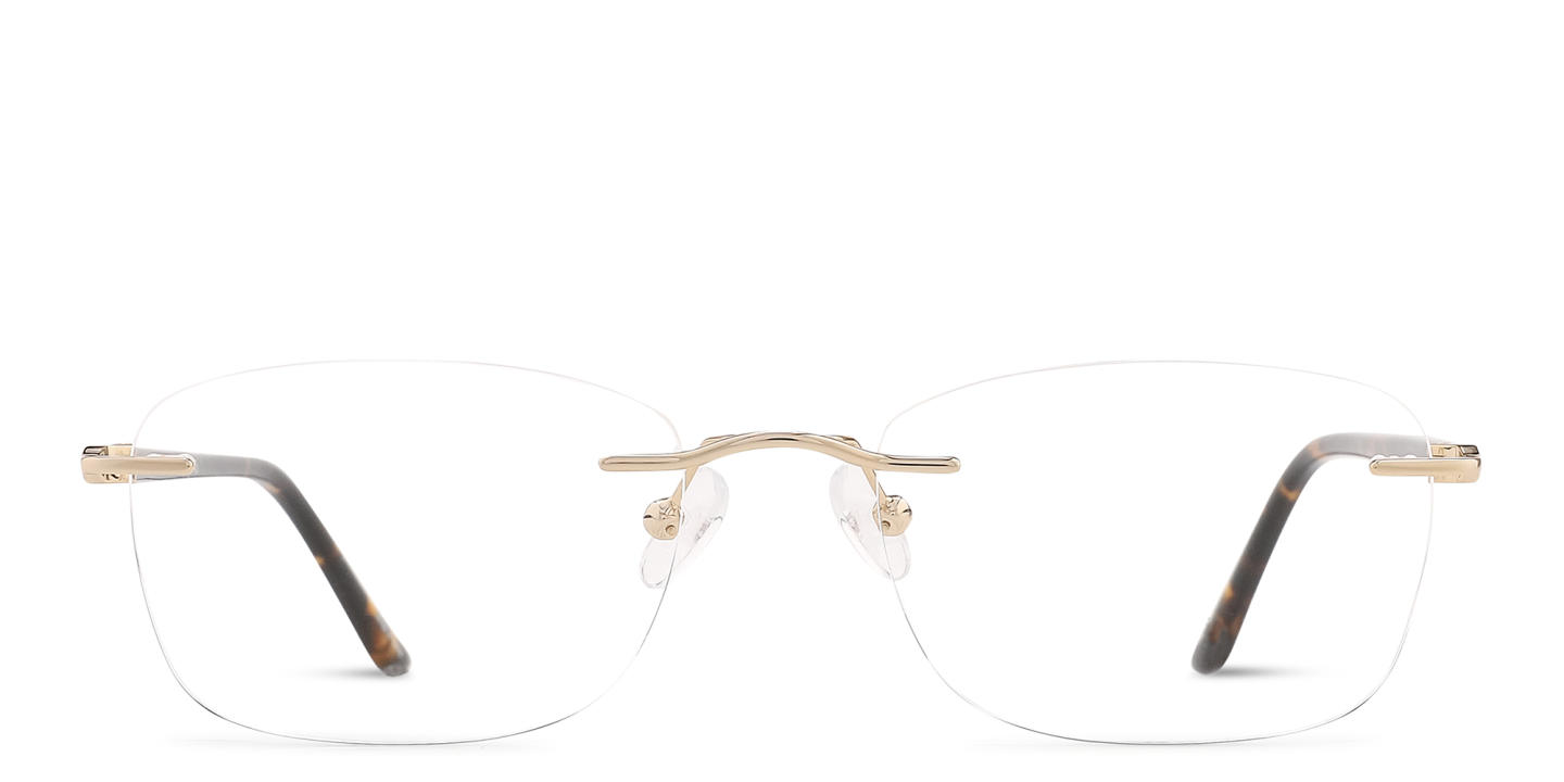 Shop TRICE Logo Rimless Rectangle Eyeglasses in Polished Gold online.