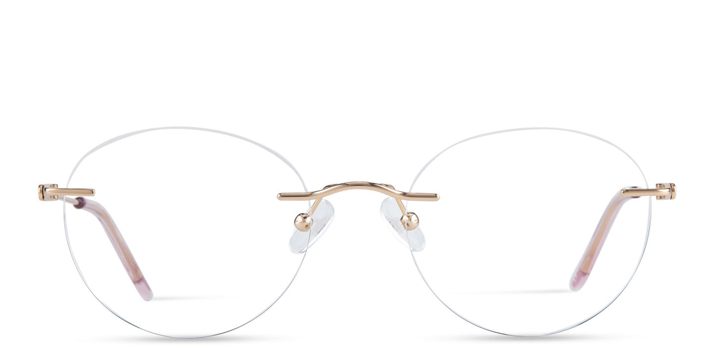 Shop TRICE Logo Rimless Round Eyeglasses in Gold online.