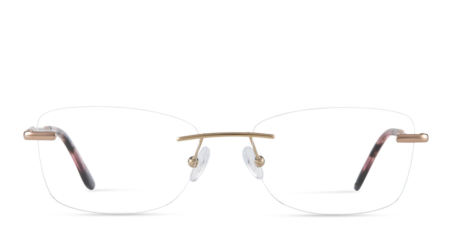 Shop TRICE Logo Rimless Rectangle Eyeglasses in Polished Gold online.