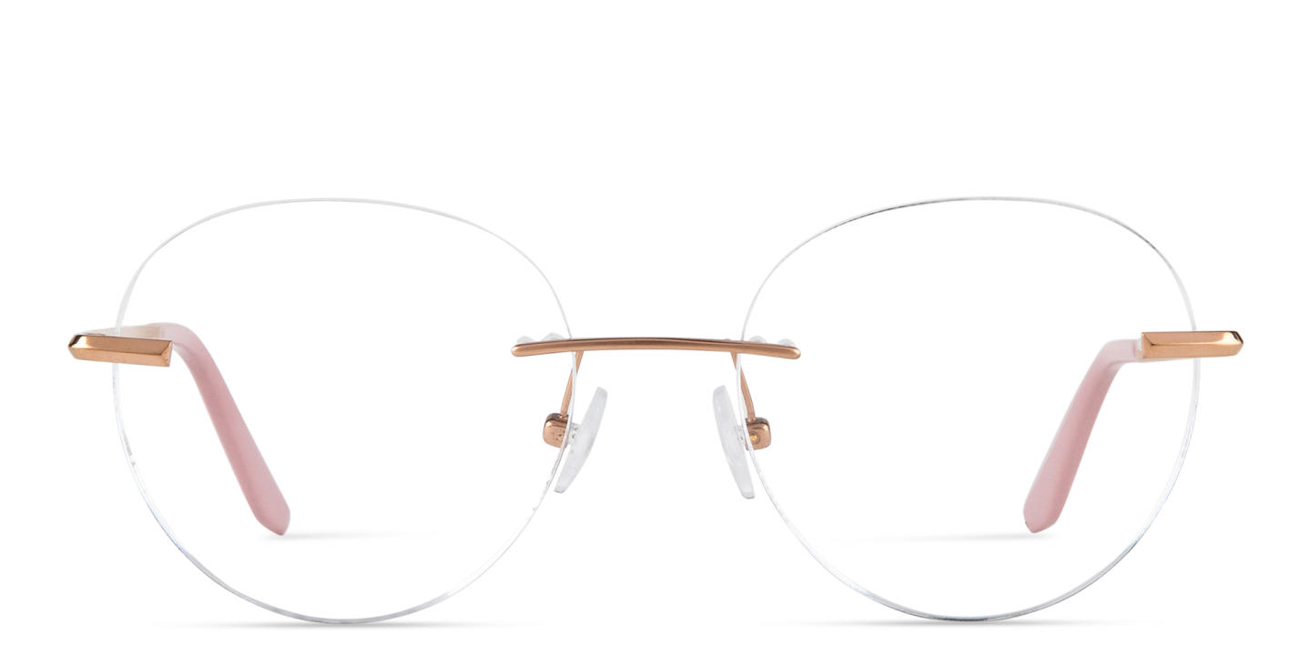 TRICE Logo Rimless Round Eyeglasses in Rose Gold – Product Photo 0