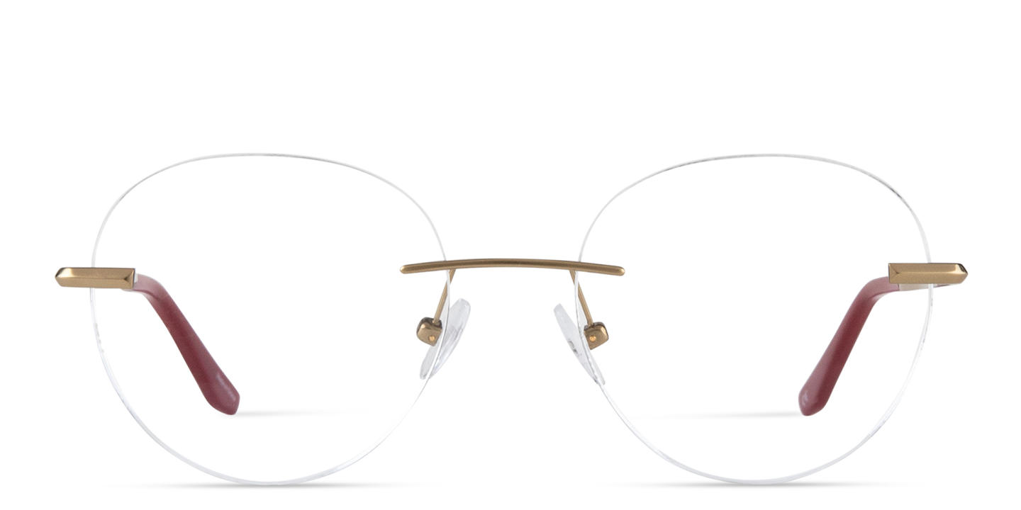 TRICE Logo Rimless Round Eyeglasses in Gold Burgundy – Product Photo 0