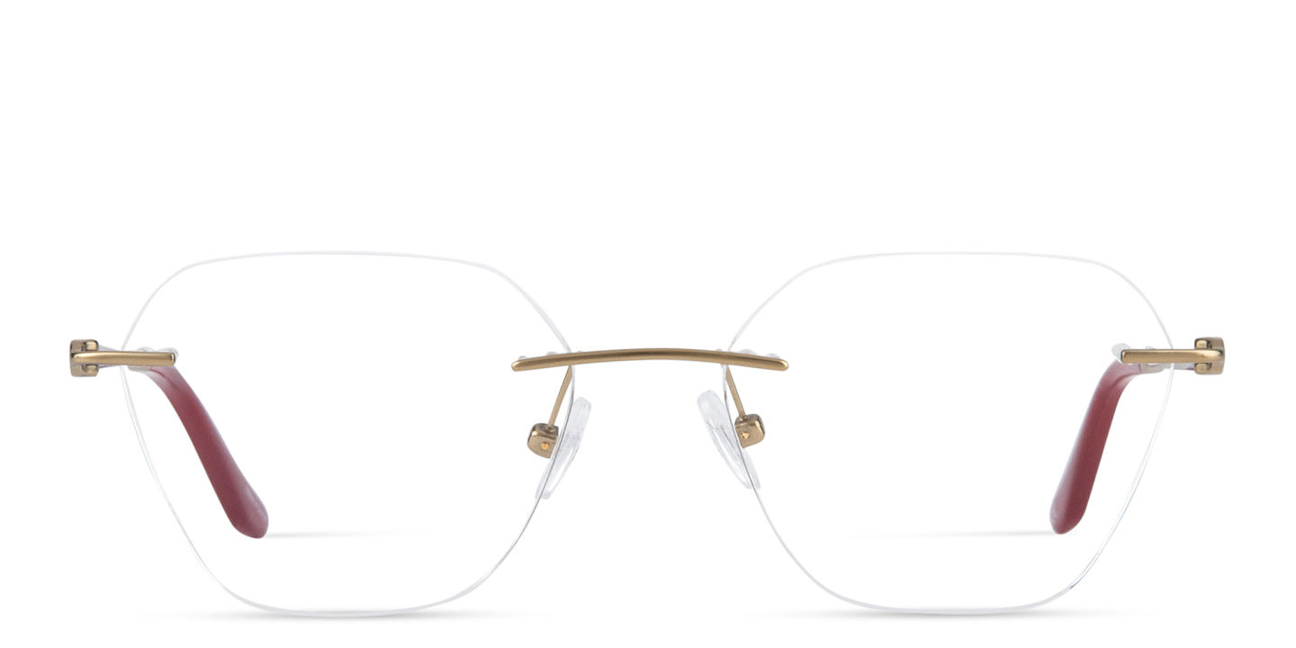 TRICE Logo Rimless Irregular Eyeglasses in Gold Burgundy – Product Photo 0