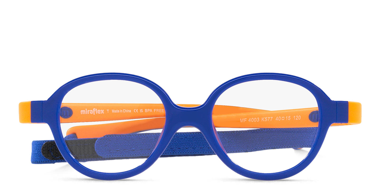 Mira Flex Logo Kids Round Eyeglasses in Blue & Orange – Product Photo 0