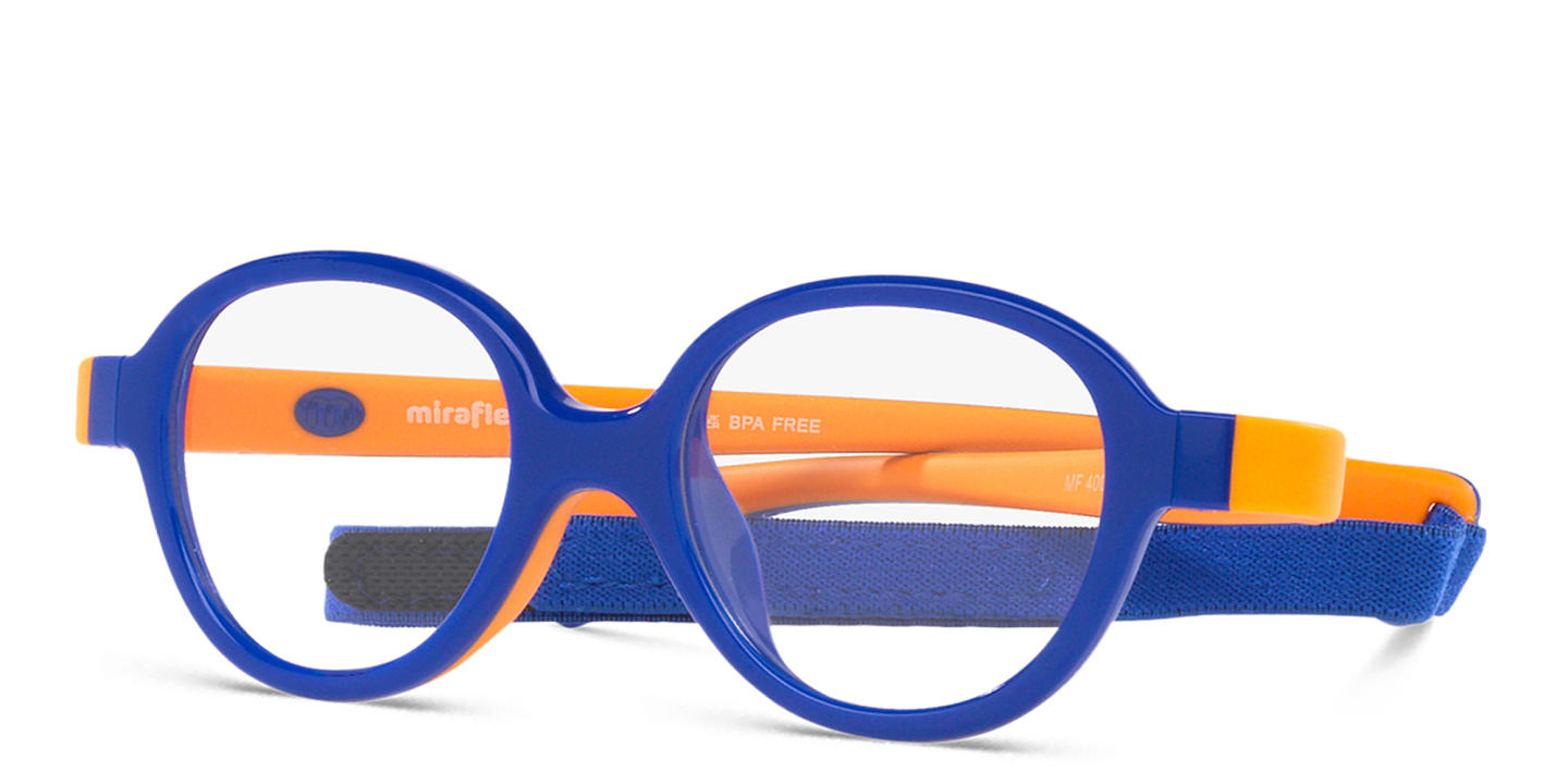 Shop Mira Flex Logo Kids Round Eyeglasses in Blue & Orange online.