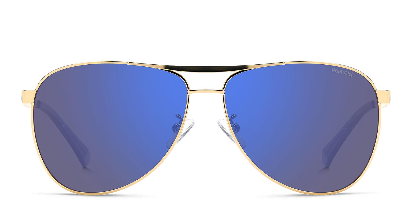 Shop Polaroid Logo Aviator Sunglasses in Gold online.