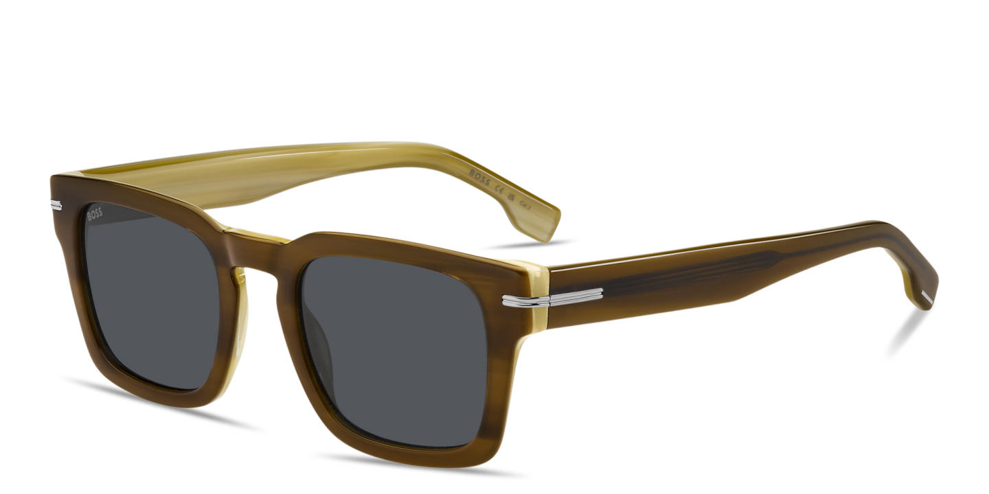 Shop Hugo Boss Logo Square Sunglasses in Beige-Stripped White online.