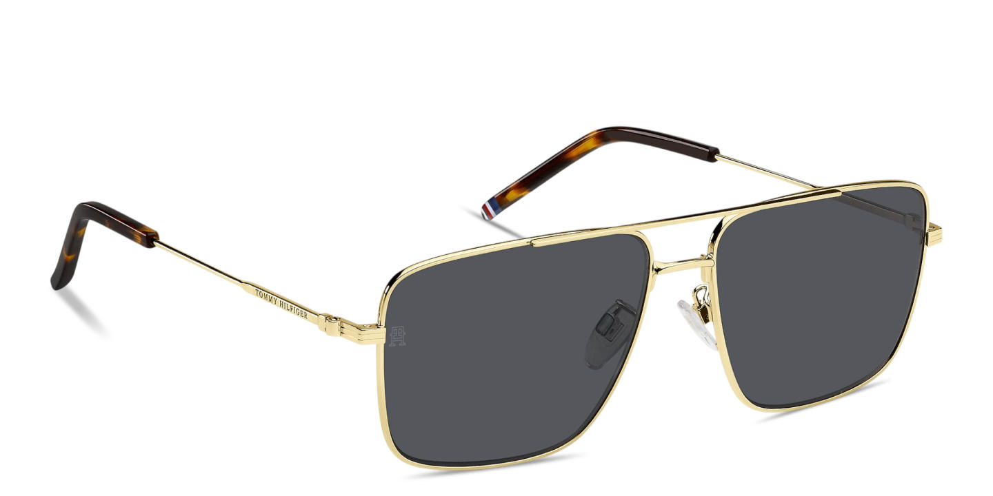 Shop Tommy Hilfiger Engraved Logo Rectangle Sunglasses in Gold online.
