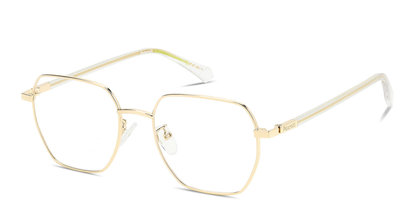 Shop Polaroid Logo Square Eyeglasses in Gold online.