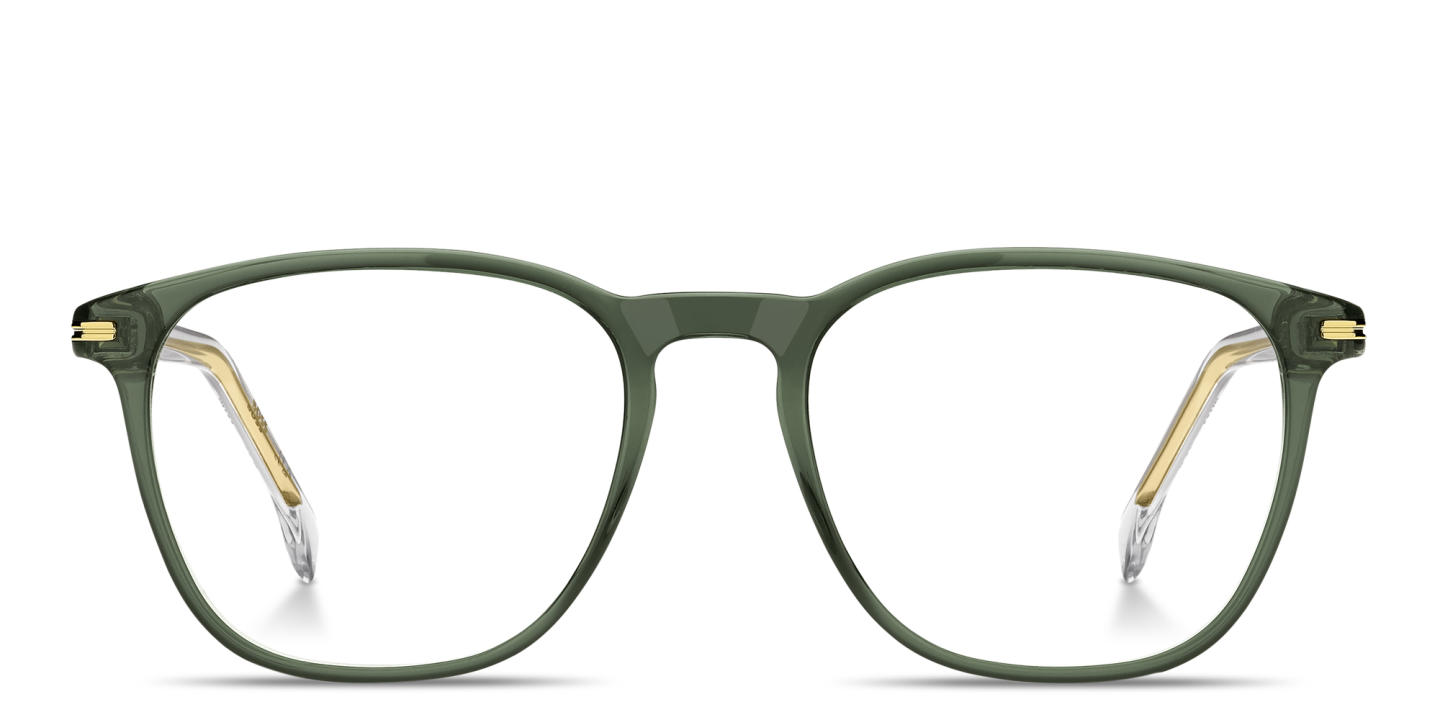 Shop Hugo Boss Logo Square Eyeglasses in Transparent Green online.