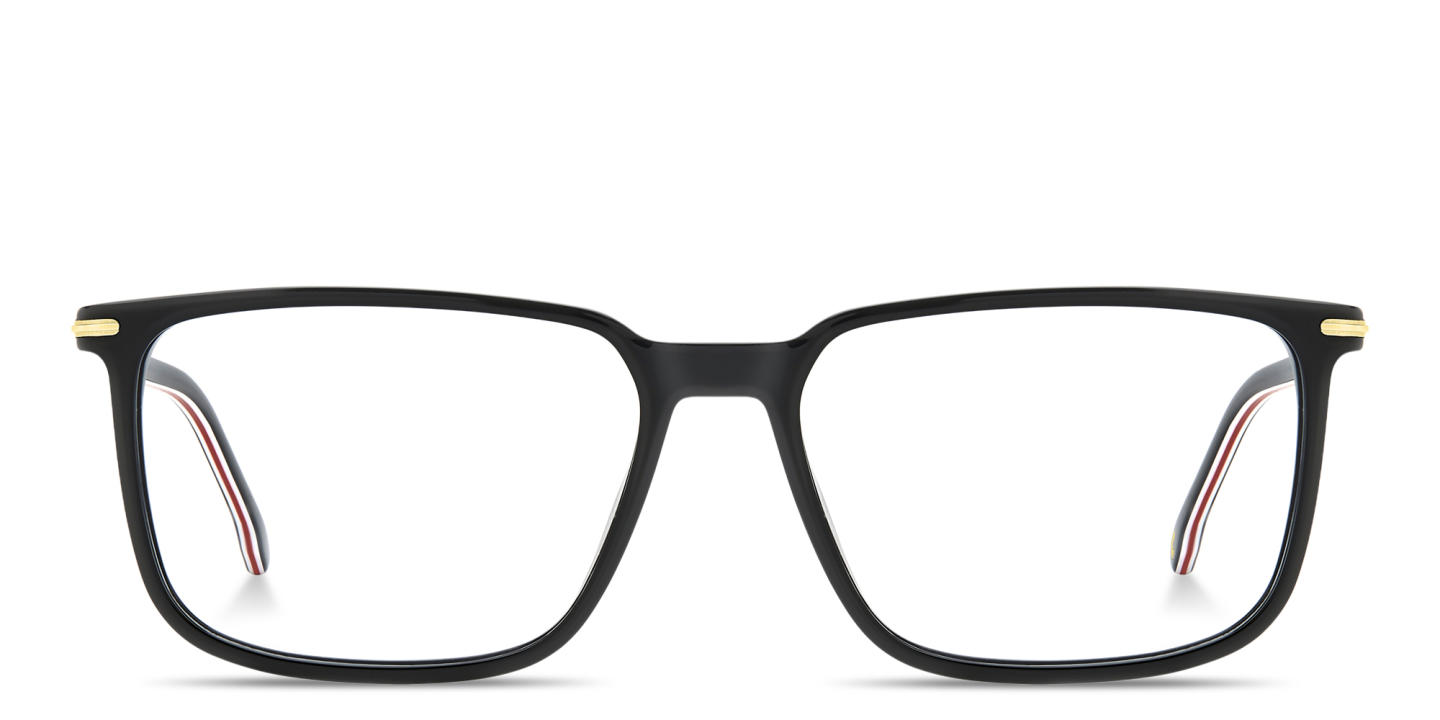 Shop Carrera Logo Lettering Wide Rectangle Eyeglasses in Polished Black online.