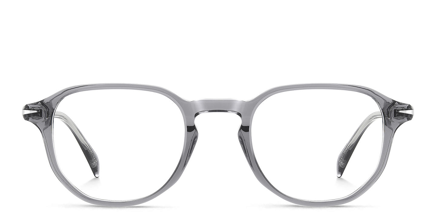 Shop DAVID BECKHAM Timeless Icons Irregular Eyeglasses in Grey Crystal online.