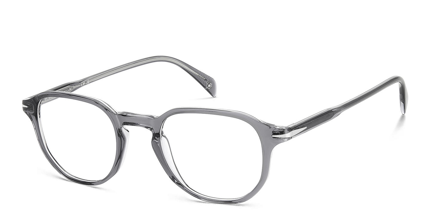 Shop DAVID BECKHAM Timeless Icons Irregular Eyeglasses in Grey Crystal online.