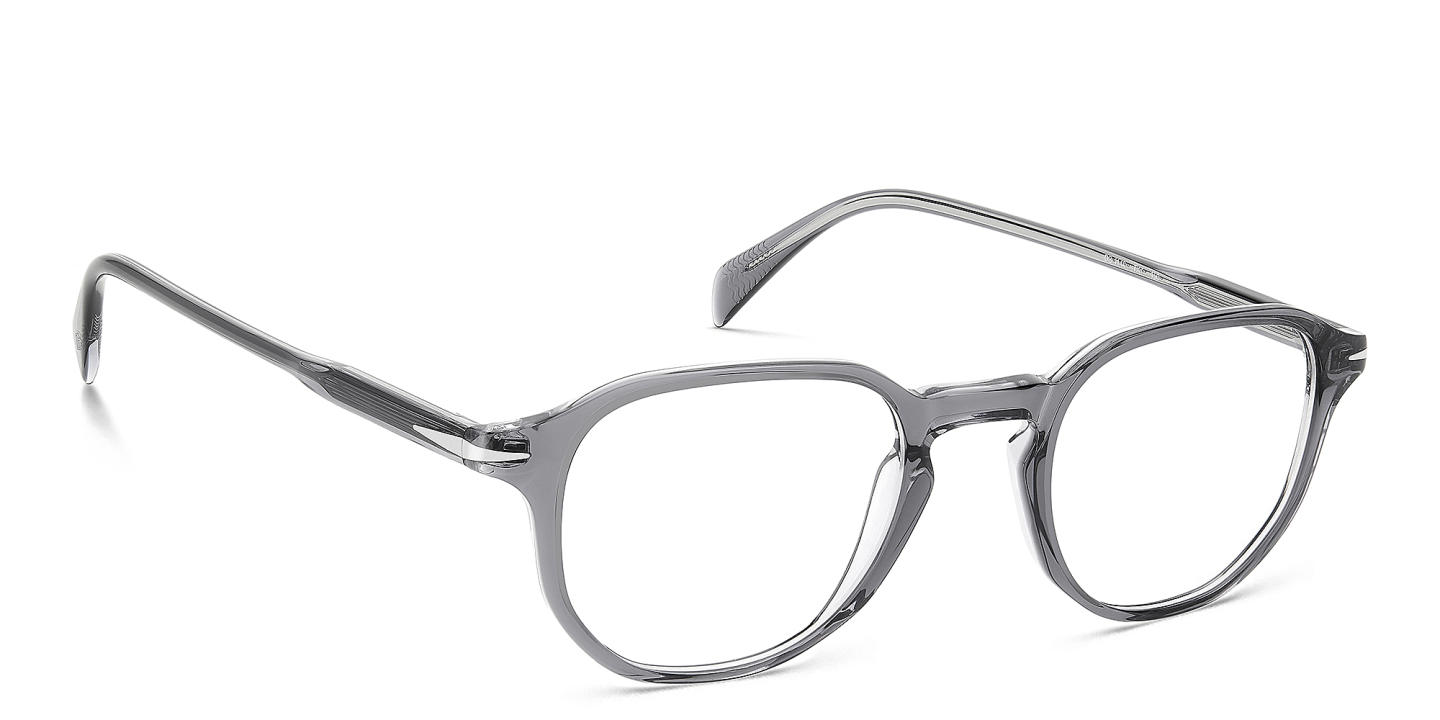 Shop DAVID BECKHAM Timeless Icons Irregular Eyeglasses in Grey Crystal online.