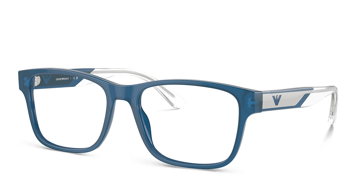 Emporio Armani Logo Wide Rectangle Eyeglasses in Shiny Opaline Blue – Product Photo 1