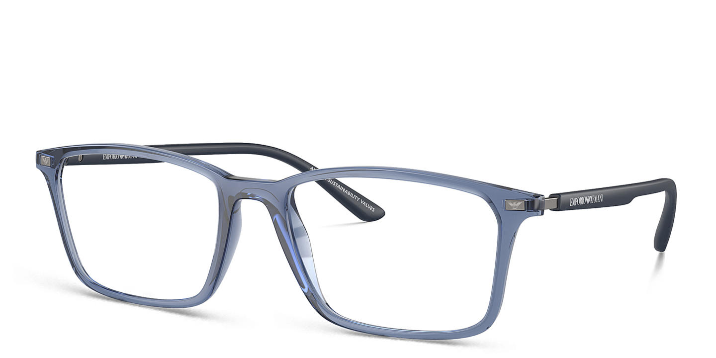 Emporio Armani Logo Wide Rectangle Eyeglasses in Shiny Transparent Blue – Product Photo 1