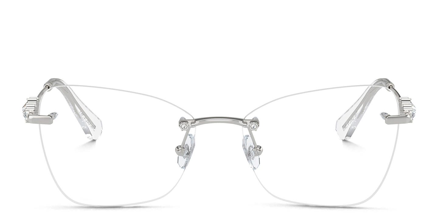 Shop Swarovski Crystal-Embellished Rimless Cat-Eye Eyeglasses in Silver online.