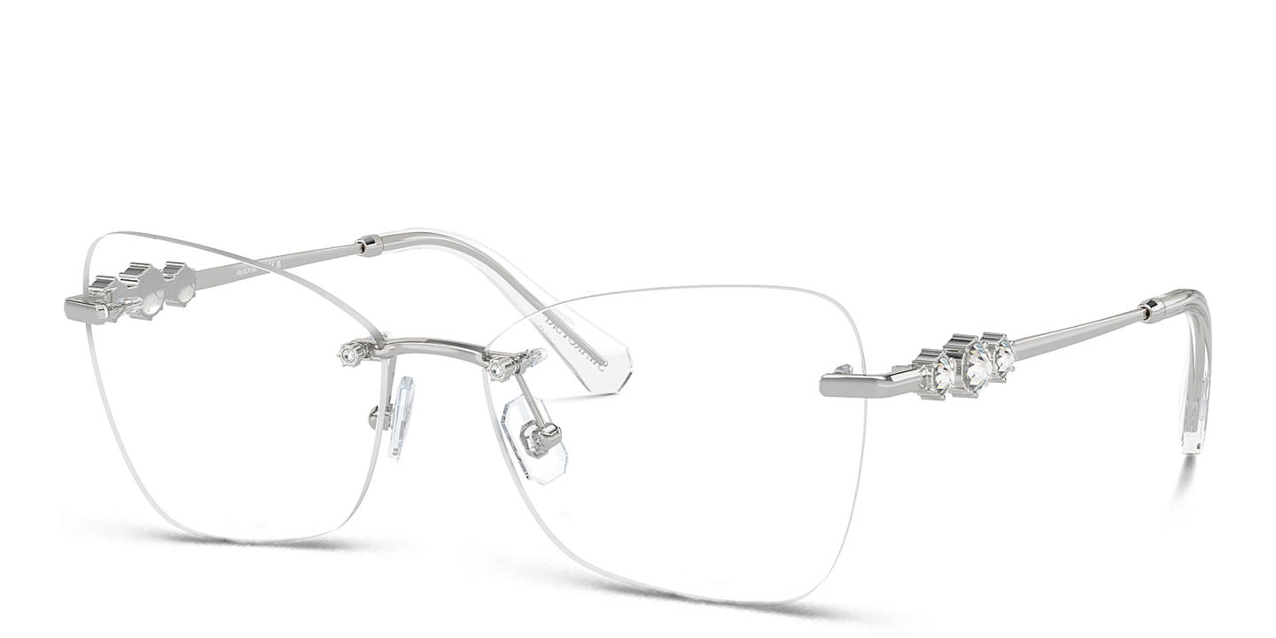Shop Swarovski Crystal-Embellished Rimless Cat-Eye Eyeglasses in Silver online.