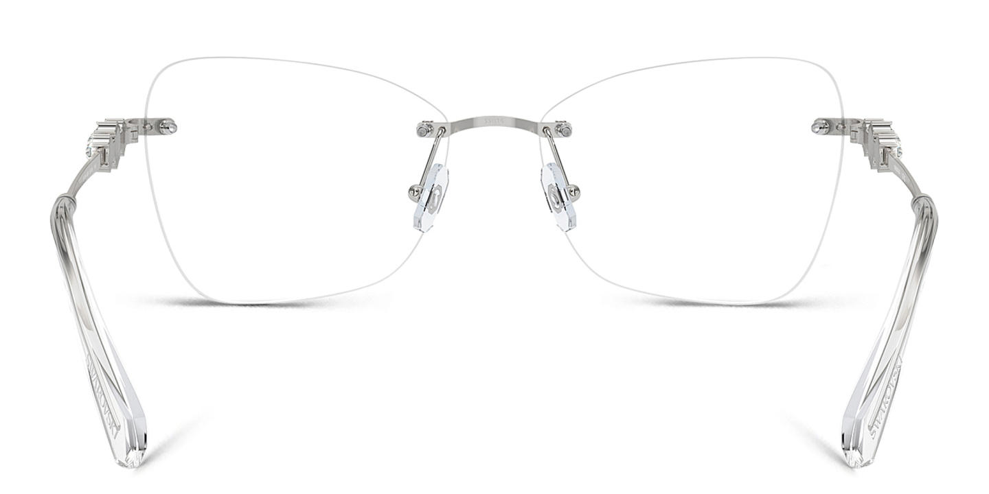 Shop Swarovski Crystal-Embellished Rimless Cat-Eye Eyeglasses in Silver online.