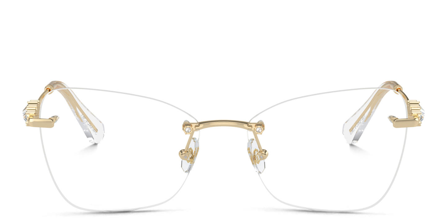 Shop Swarovski Crystal-Embellished Rimless Cat-Eye Eyeglasses in Pale Gold online.
