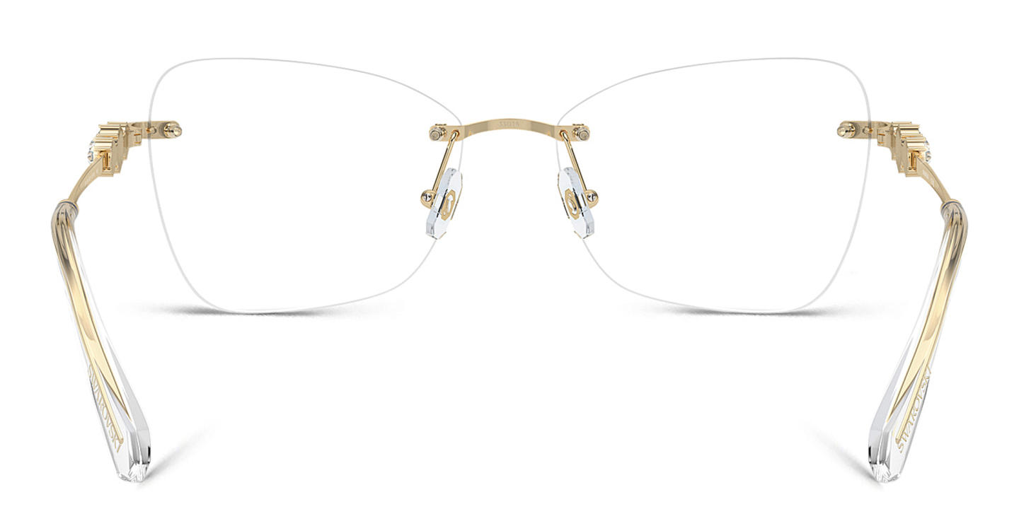 Shop Swarovski Crystal-Embellished Rimless Cat-Eye Eyeglasses in Pale Gold online.