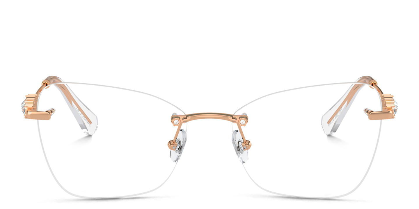 Shop Swarovski Crystal-Embellished Rimless Cat-Eye Eyeglasses in Rose Gold online.