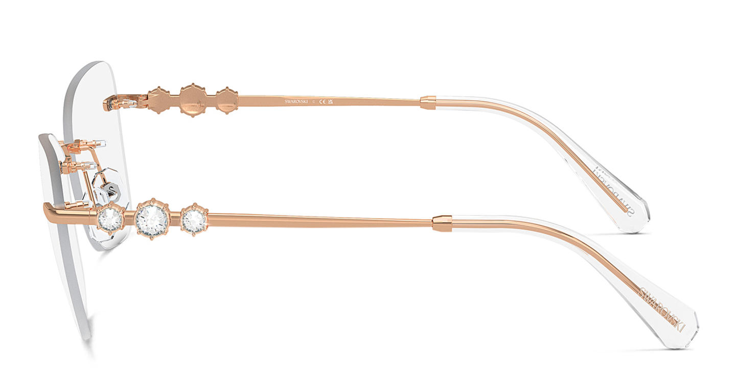 Shop Swarovski Crystal-Embellished Rimless Cat-Eye Eyeglasses in Rose Gold online.