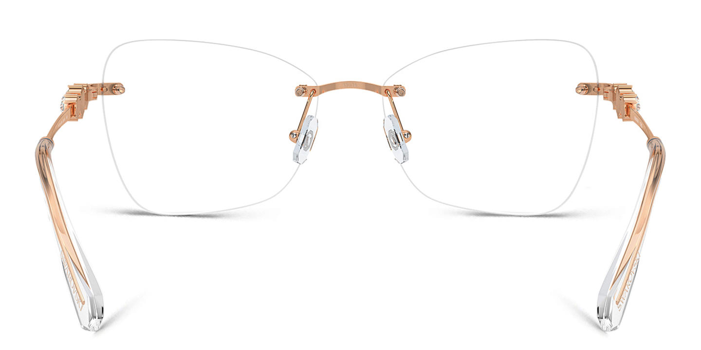 Shop Swarovski Crystal-Embellished Rimless Cat-Eye Eyeglasses in Rose Gold online.