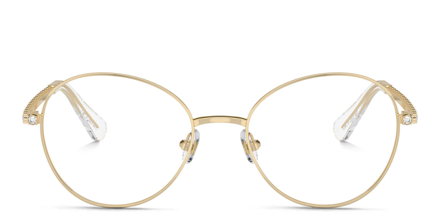 Shop Swarovski Crystal-Accented Round Eyeglasses in Pale Gold online.