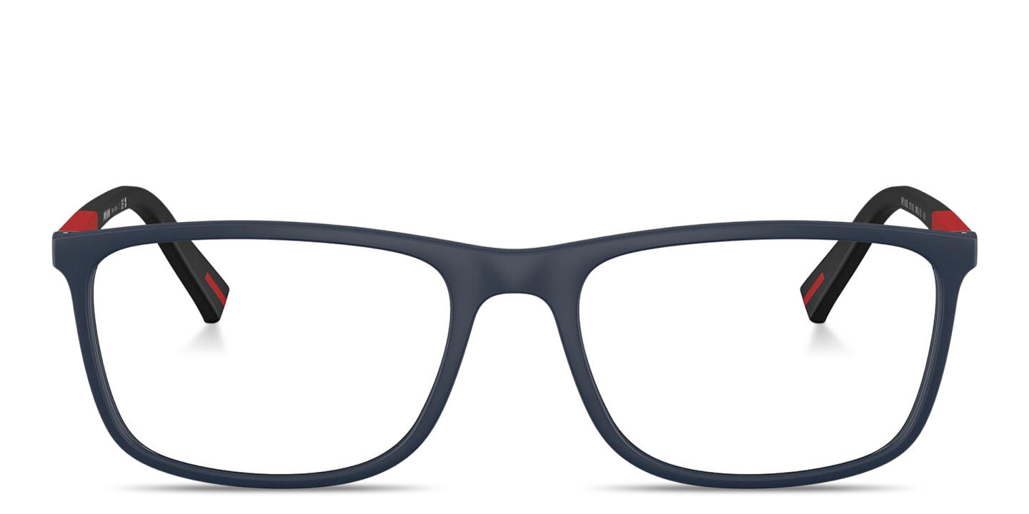 Shop PRADA Logo Lettering Wide Rectangle Eyeglasses in Matte Blue online.