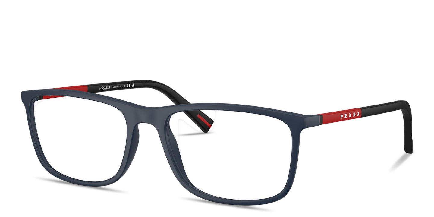 Shop PRADA Logo Lettering Wide Rectangle Eyeglasses in Matte Blue online.