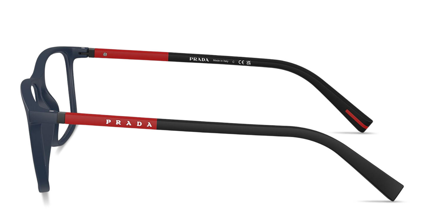 Shop PRADA Logo Lettering Wide Rectangle Eyeglasses in Matte Blue online.
