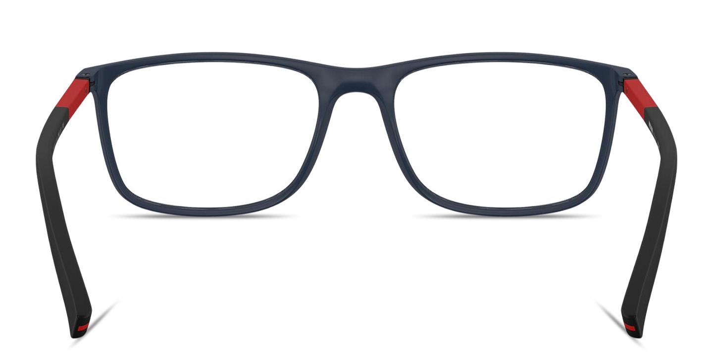Shop PRADA Logo Lettering Wide Rectangle Eyeglasses in Matte Blue online.