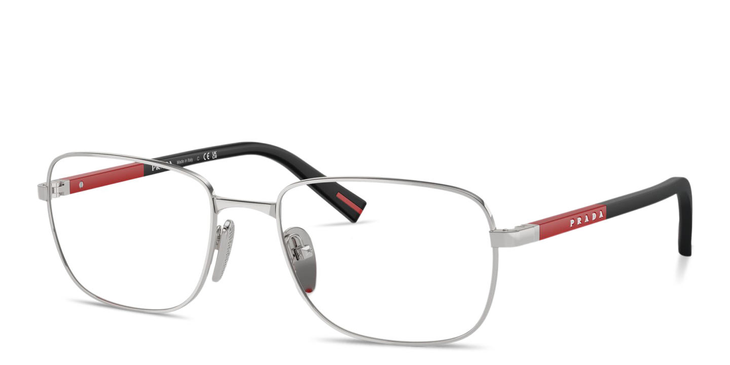 Shop Prada Linea Rossa Logo Signature Pillow Eyeglasses in Silver online.