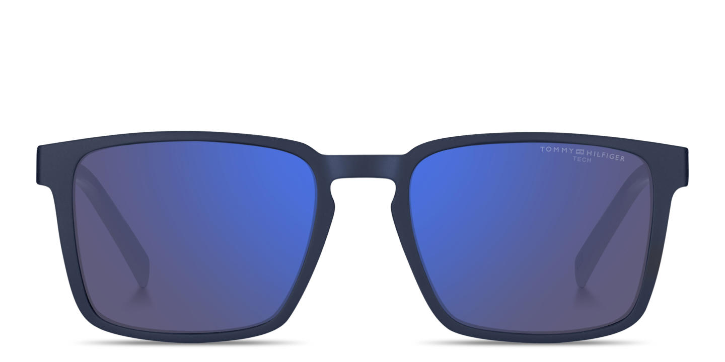 Shop Tommy Hilfiger Logo Lettering Rectangle Sunglasses in Blue online.