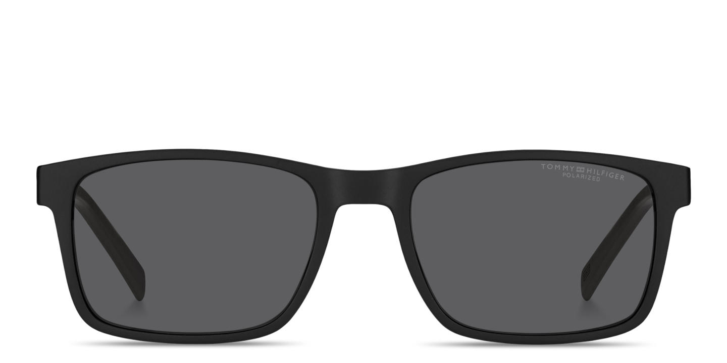 Shop Tommy Hilfiger Logo Lettering Rectangle Sunglasses in Black online.