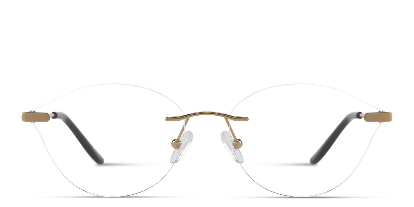 Shop TRICE Logo Wide Rimless Irregular Eyeglasses in Gold Black online.