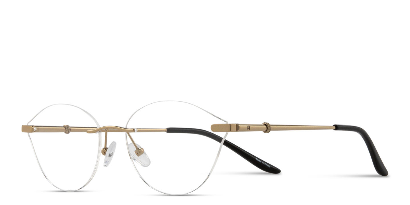 Shop TRICE Logo Wide Rimless Irregular Eyeglasses in Gold Black online.